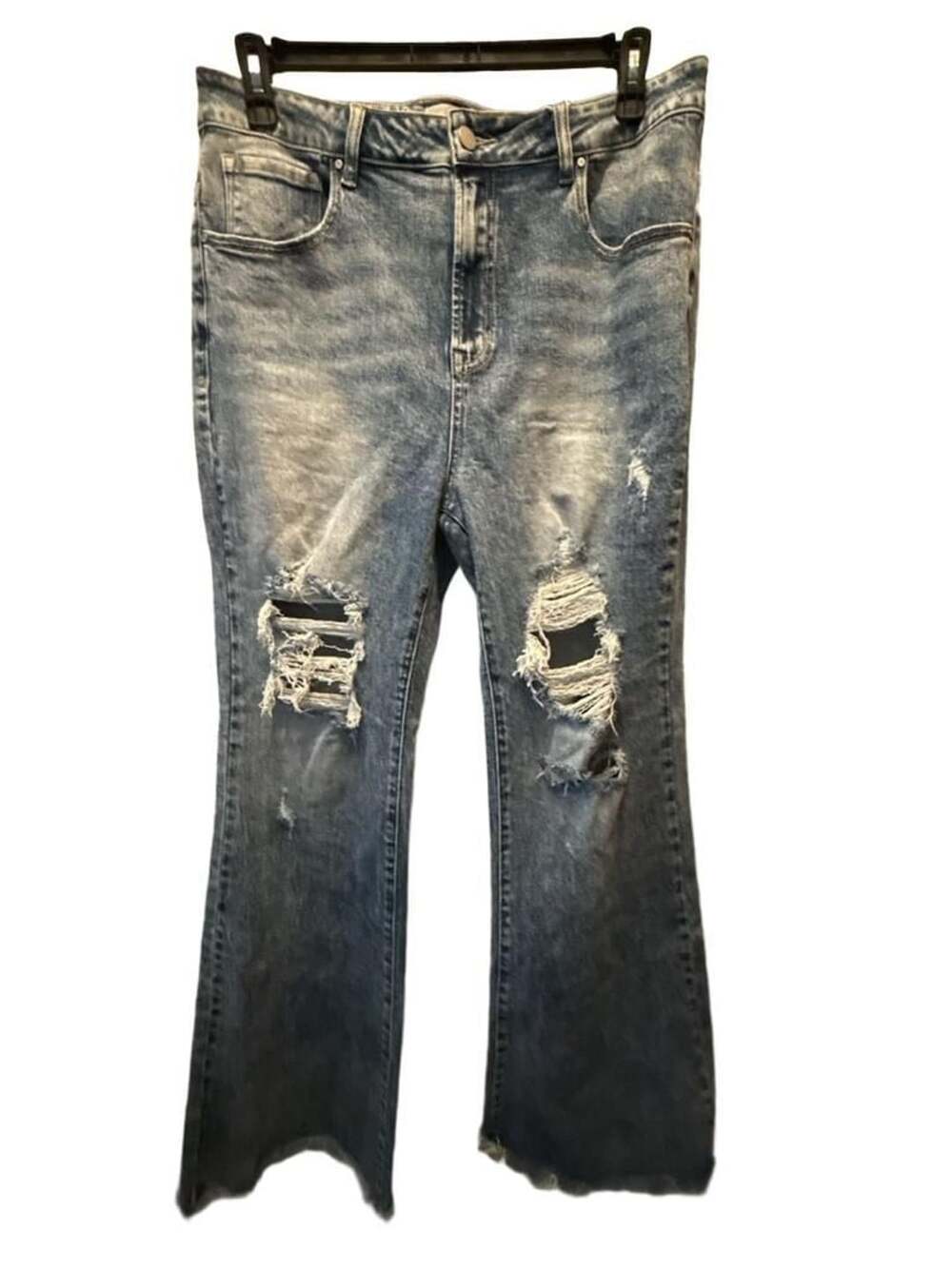 Risen Jeans Distressed Flare Jeans Size 1XL Acid Wash Raw Hem
